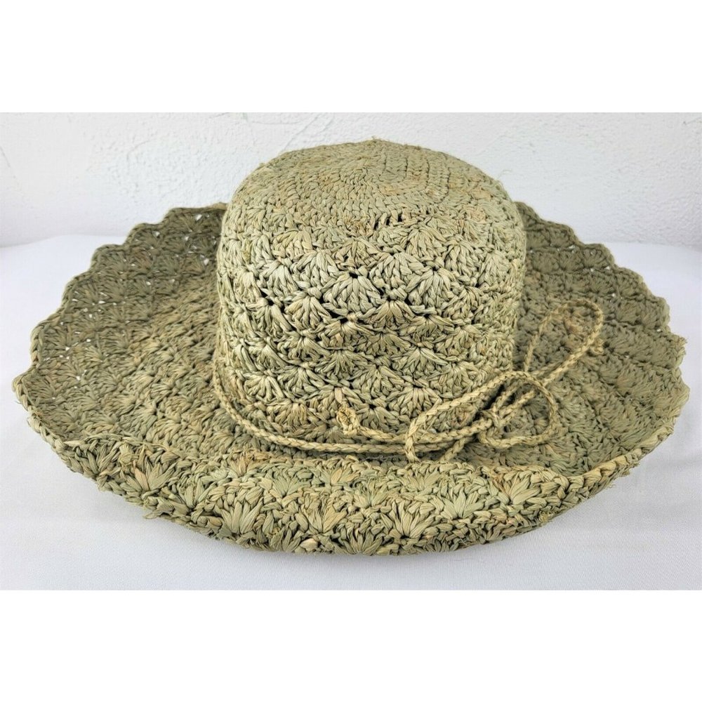 Womens Scala Straw Sun Hat Pretty Green Beach Natural Fibers One Size Tie Accent